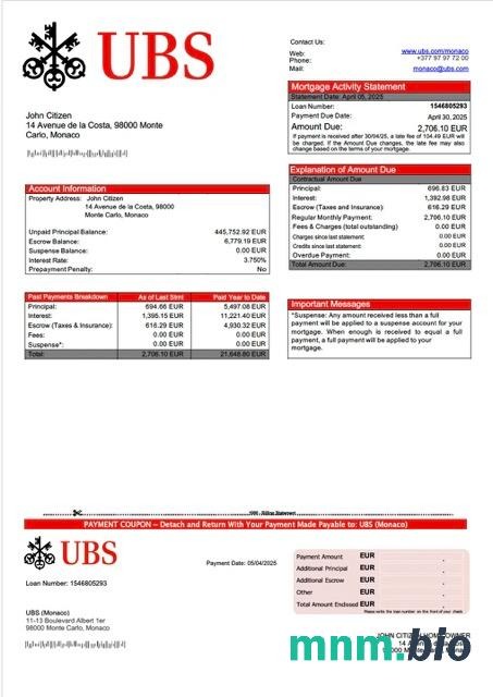 Monako UBS (Monaco) wyciąg z kredytu hipotecznego szablon Word i PDF